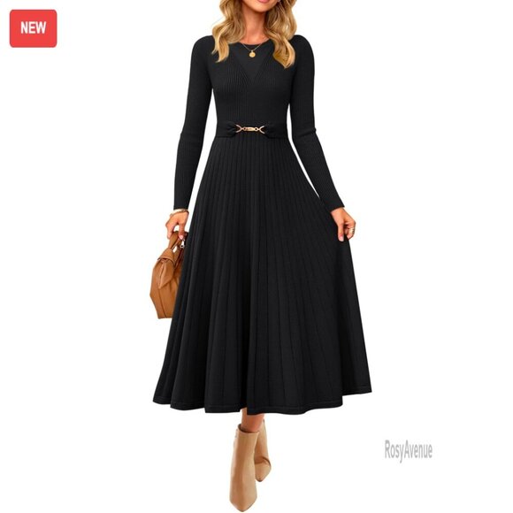 Dresses & Skirts - Long Sleeve Midi Sweater Dress with Belt, Knit A-Line Pleated Flowy